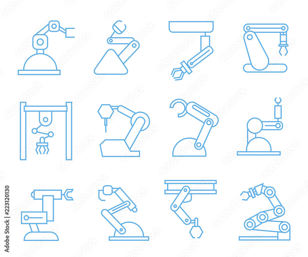 robot arm icons, blue line icons robot arm icons, blue line icons