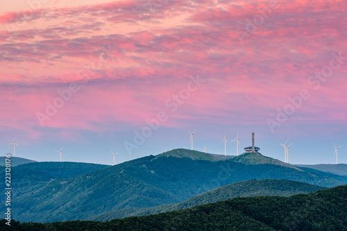 Buzludja monument - the former headquarters of the Bulgarian communist party under the pink sky during a beautiful sunset