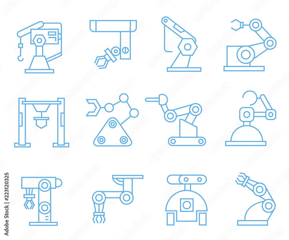 robot arm icons, blue line icons robot arm icons, blue line icons