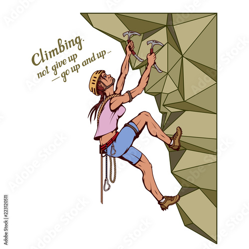 alpinist slogan with girl, woman mountaineer, alpine climbing, alpinism, mountaineering, alpinist girl character, climb concept, hand drawn lettering, mountaineering logo, vector graphics to design