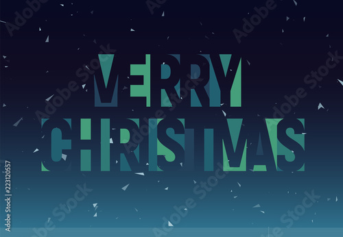 Merry Christmass geometric cutout letters, banner template. Vector latin promo text. Snowflakes blue poster. Color paper applique tag, Negative space typography design.