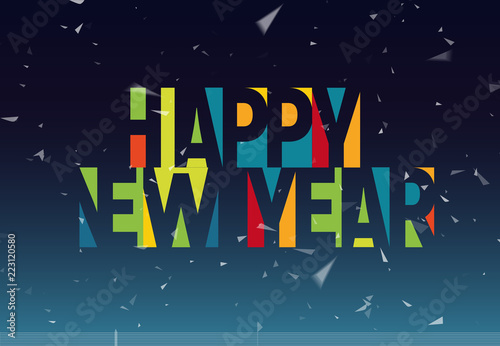 Happy New Year colorful letters, banner template. Colored vector latin promo text. Rainbow color poster. Color paper appliqation tag, Negative space typography design.