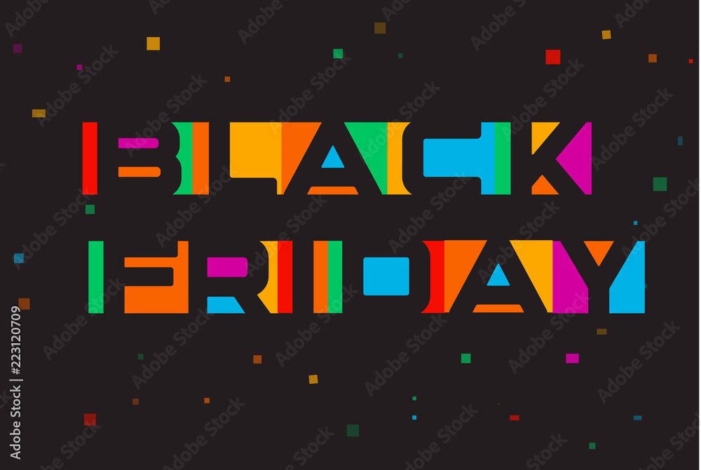 Colorful text vector icon. Big shopping logo template. Black Friday banner. Negative space style letters. Colored bright cartoon market tag. Isolated vector illustration on black background.