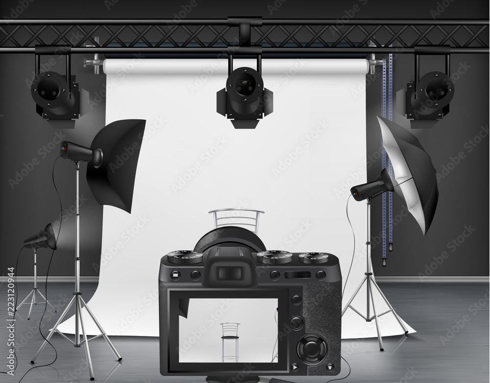 Vector photo studio with white roll-up screen, digital camera, spotlights and softboxes on tripod stands. Concept background, interior with modern lighting equipment for professional photography