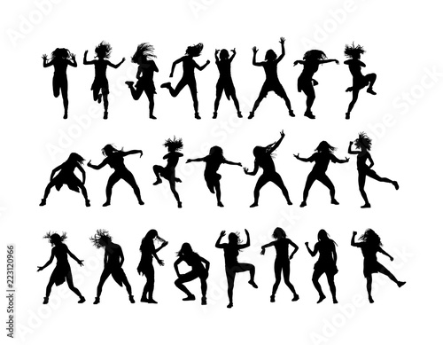 Modern style dancer girl vector silhouette isolated on background. Woman ballet performer. Sexy hip hop lady. Time out spectacle, cheerleader performer dance. Sport support event. Urban fashion. 