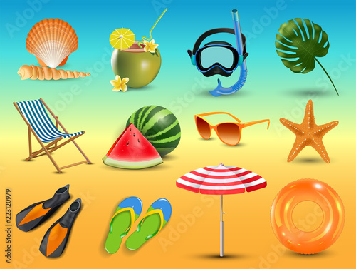 vector illustration of Realistic summer holidays seaside beach icons set isolated on seaside background