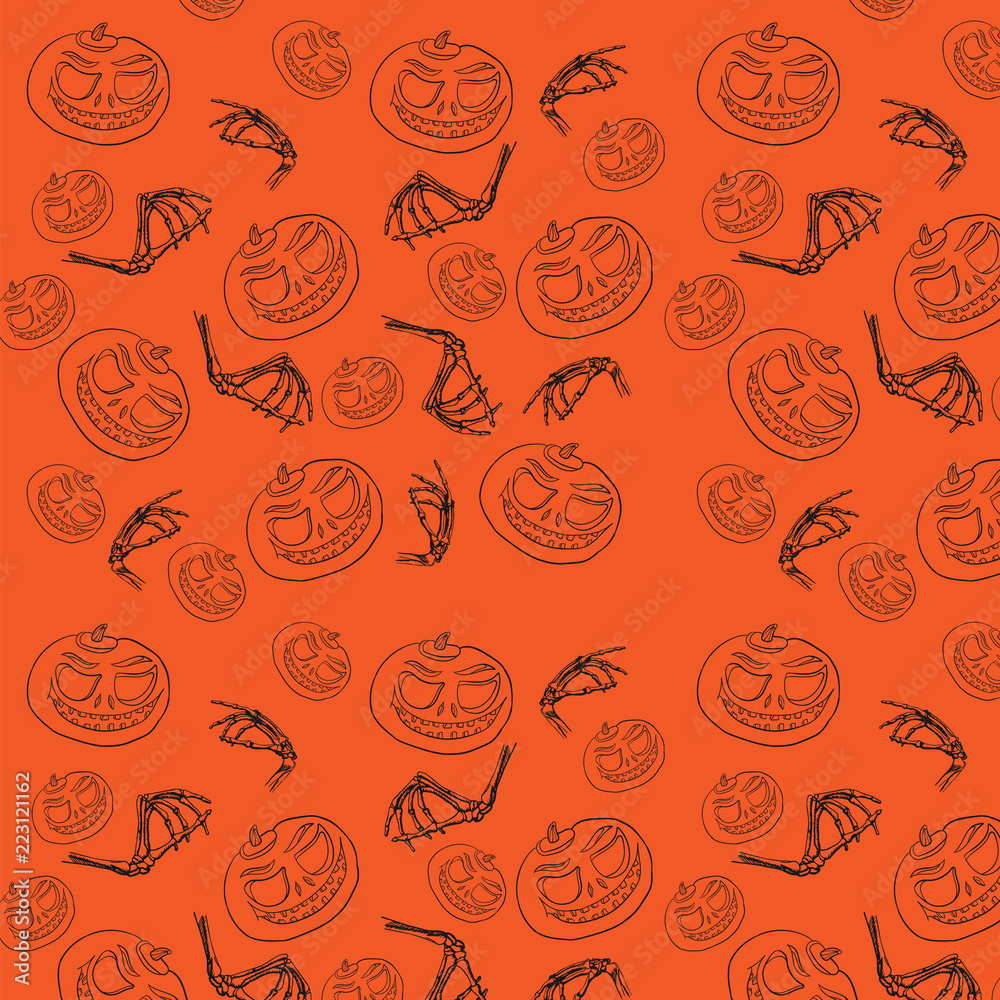 Seamless pattern for Halloween. Pumpkin and bones are a hand-drawn sketch. Cartoon face of pumpkin and bones of hand. Seamless pattern for Halloween. Pumpkin and bones are a hand-drawn sketch. Cartoon face of pumpkin and bones of hand.