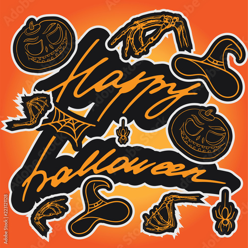 The inscription of Happy Halloween. Cartoon background. Pumpkin, spider, cobweb, witch hat and bones of the hand. Hand drawing. Festive character set. (ID: 223121128)