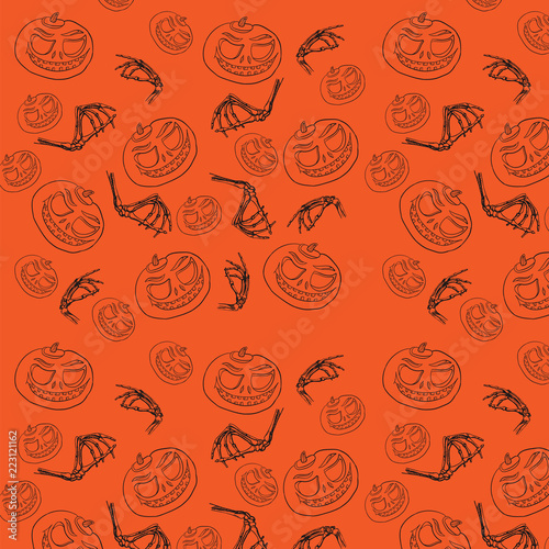 Seamless pattern for Halloween. Pumpkin and bones are a hand-drawn sketch. Cartoon face of pumpkin and bones of hand. (ID: 223121162)
