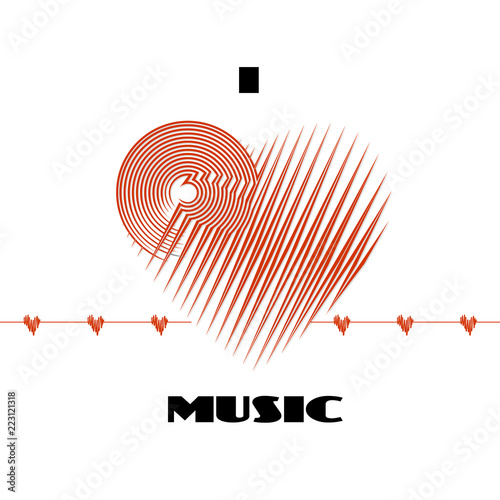 I love music abstract poster label isolated on white background with cardio heart wave deflection. CD-disk and heart red logo graphic design element. Vector illustration for your print
