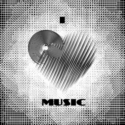 I love music abstract poster monochrome label on dirty grunge halftone background. CD-disk and heart logo graphic design element. Vector illustration