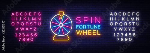 Fortune Wheel Neon Logo Vector. Fortune Wheel neon sign, design template, modern trend design, night neon signboard, night bright advertising, light banner, light art. Vector. Editing text neon sign