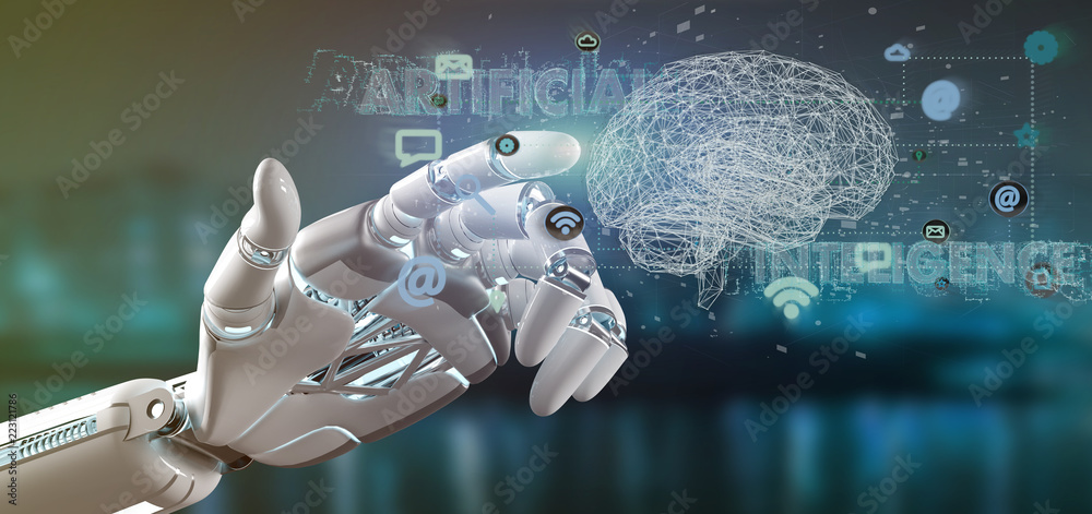 Cyborg hand holding a artificial intelligence concpt with a brain and app 3d rendering