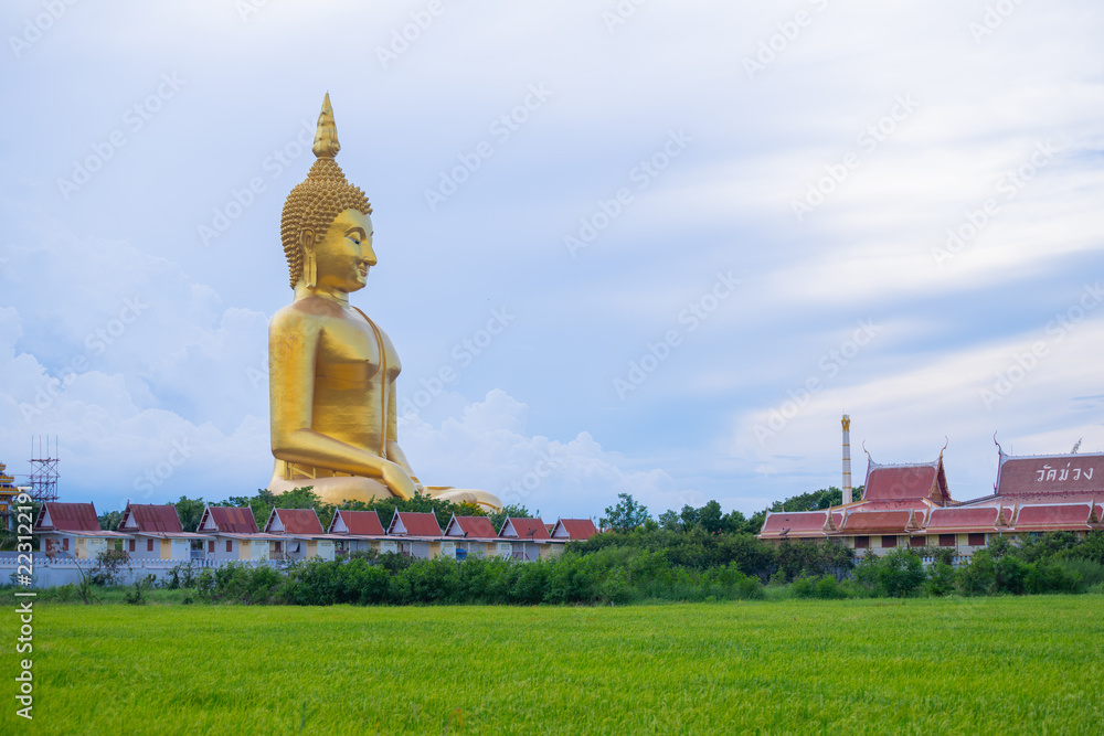 Big golden Buddha with rich field , Wat Muang Angthong popular Buddhist shrine in Thailand. Big golden Buddha with rich field , Wat Muang Angthong popular Buddhist shrine in Thailand.