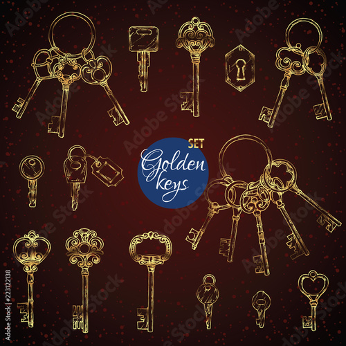 Vector set of hand-drawn antique keys. Illustration in sketch style on white background. Old design