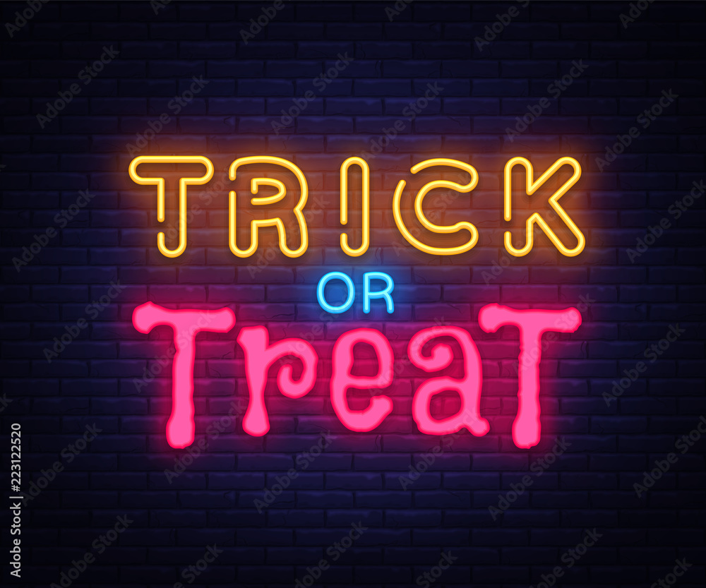 Trick or Treat neon text vector design template. Trick or Treat neon logo, light banner design element colorful modern design trend, night bright advertising, bright sign. Vector illustration Trick or Treat neon text vector design template. Trick or Treat neon logo, light banner design element colorful modern design trend, night bright advertising, bright sign. Vector illustration