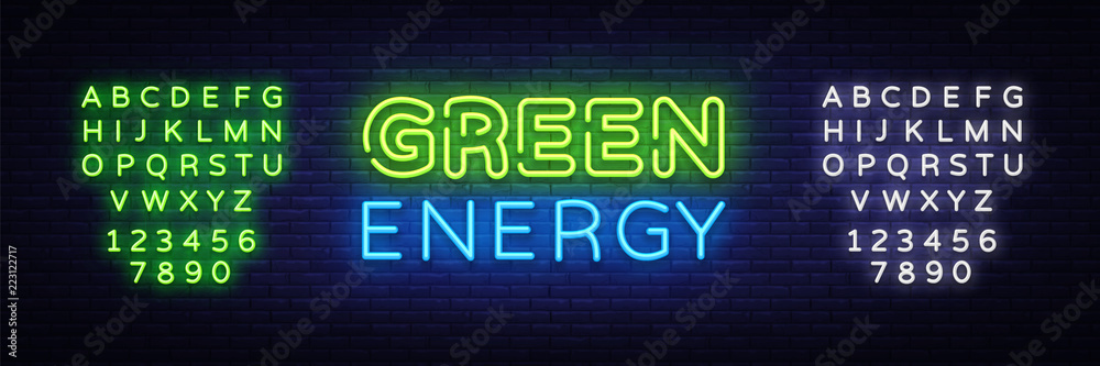 Green Energy neon sign vector. Eco Energy Design template neon sign, Ecology light banner, neon signboard, nightly bright advertising, light inscription. Vector illustration. Editing text neon sign