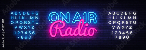 On Air Radio neon sign vector. On Air Radio Design template neon sign, light banner, neon signboard, nightly bright advertising, light inscription. Vector illustration. Editing text neon sign