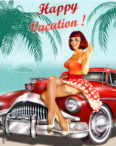 Vintage vacation background with pin-up girl and retro car.