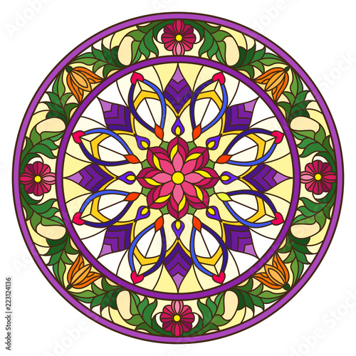 Illustration in stained glass style, round mirror image with floral ornaments and swirls,bright flowers on yellow background