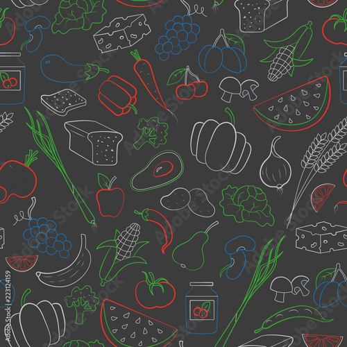 Seamless pattern on the theme of vegetarianism, grocery icons, simple contour icons are drawn with colored chalks on the dark school Board