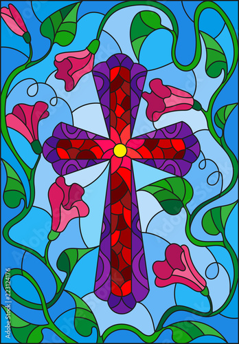 Stained glass illustration with a bright cross in the sky and pink flowers