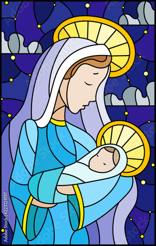 Illustration in stained glass style on biblical theme, Jesus baby with Mary , abstract figures on starry sky background with clouds, rectangular image