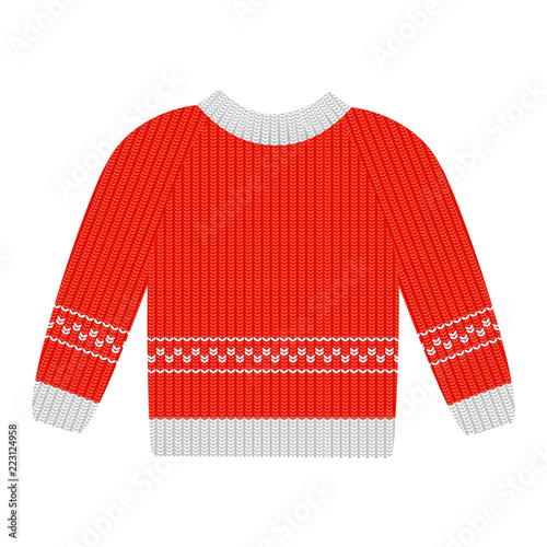 Vector illustration red sweater with white pattern isolated on the white background. Cotton sweaters for men. Wool sweaters for women