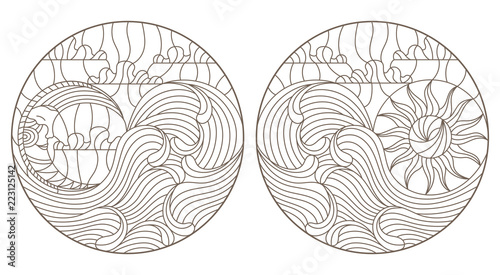 Set of contour illustrations of stained glass Windows with moon, sun and waves on sky background, round images, dark outlines on white background