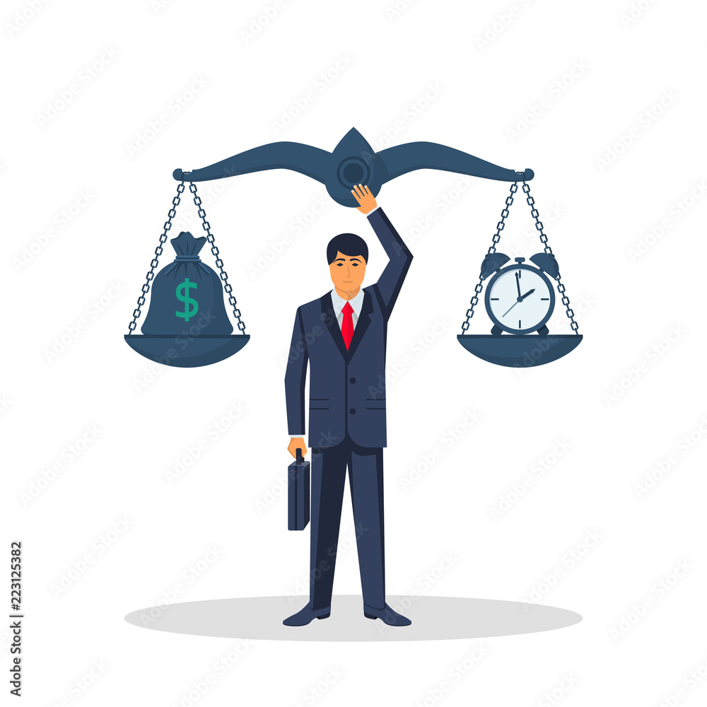 Time money concept. Business decisions. Man is holding the scales on ...