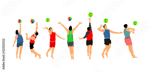 Beach volleyball player vector illustration isolated on white background. Volleyball boy in action. Summer time enjoying on sand. Man sport activity. Active life style. Outdoor fun with ball activity.