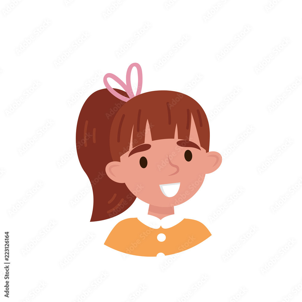 Lovely girl with ponytail, avatar of cute little kid vector Illustration on a white background