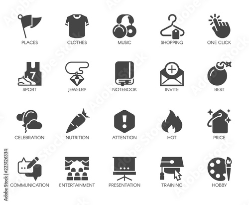 20 black flat icons on sports, lifestyle, hobbies, online shopping and education theme. Graphic labels or buttons for thematic sites and mobile apps interfaces, game elements. Vector isolated