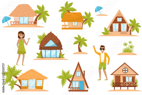 Summer beach houses set, people enjoying tropical summer vacation vector Illustration on a white background