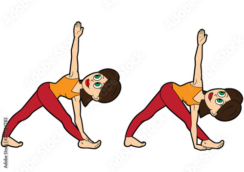 Revolved Triangle Pose/ Illustration cartoon girl doing parivrtta trikonasana pose. Two variations
