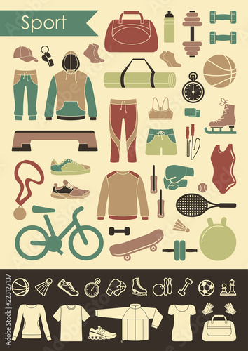 Sports and fitness icons in flat style