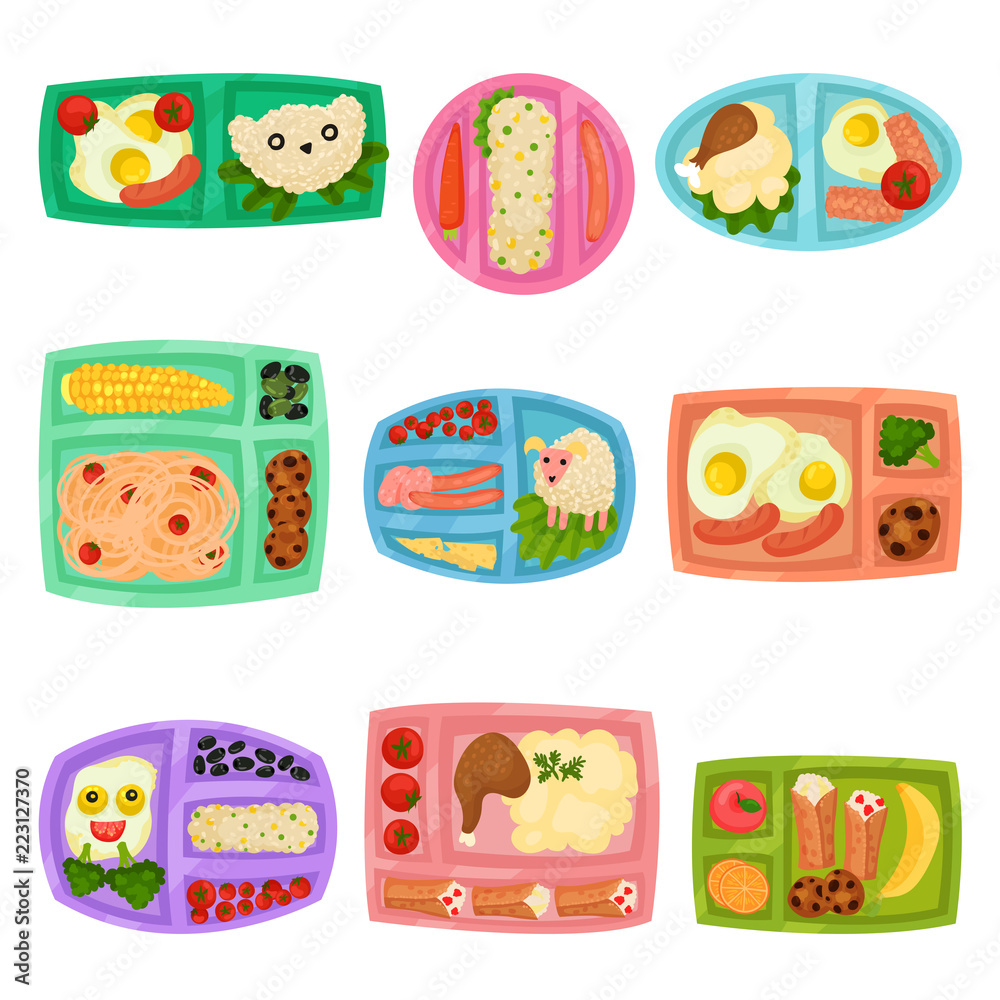 Flat vector set of plastic lunch boxes with food. Containers with meal. Mashed potatoes, fried eggs, rice, fruits and vegetables