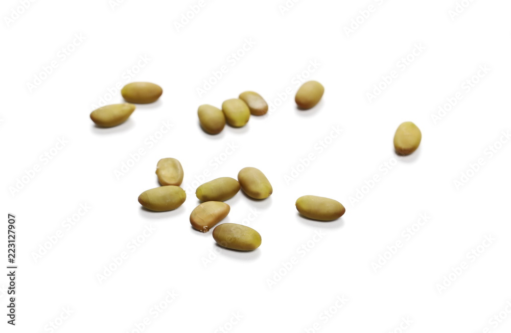 Green acacia seeds pile isolated on white background Green acacia seeds pile isolated on white background