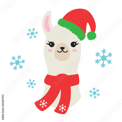 Vector illustration of Christmas llama or alpaca wearing Santa Claus hat and winter scarf with snowflakes.