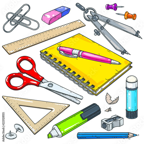 Vector stationery for school and student, notebook with pen, marker and scissors