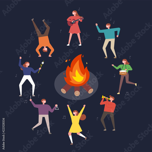 People are playing music playing around the bonfire. flat design style vector graphic illustration