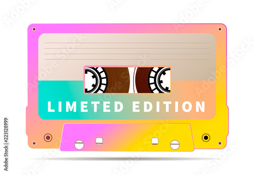 Bright audio cassette with magnetic tape, vintage object on white
