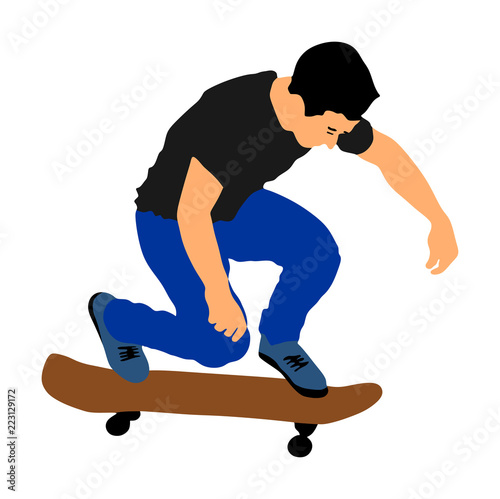 Extreme sport game, skateboarder in skate park, air jump trick. Skateboard vector illustration isolated on white background. Outdoor urban action. Gymnastic jumping with board. Street show performer.