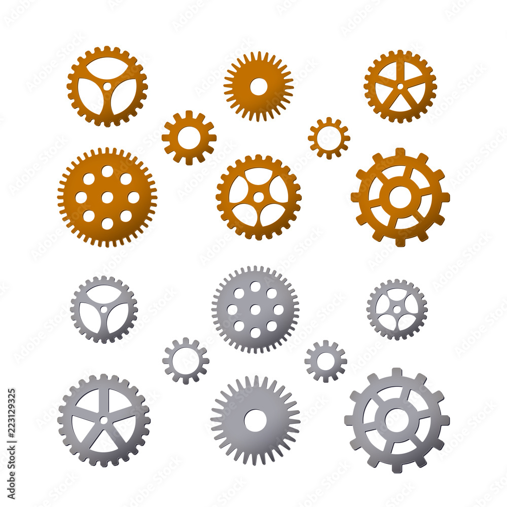 Set of gears. Brass and steel. Vector illustration. Details of cars and watches. Steampunk design. Set of gears. Brass and steel. Vector illustration. Details of cars and watches. Steampunk design.