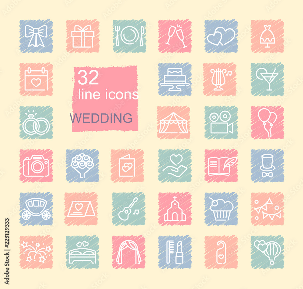 Wedding line icons set on spots drawn with crayons