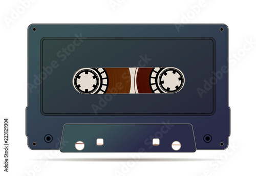 Detailed audio cassette with magnetic tape, vintage object isolated on white