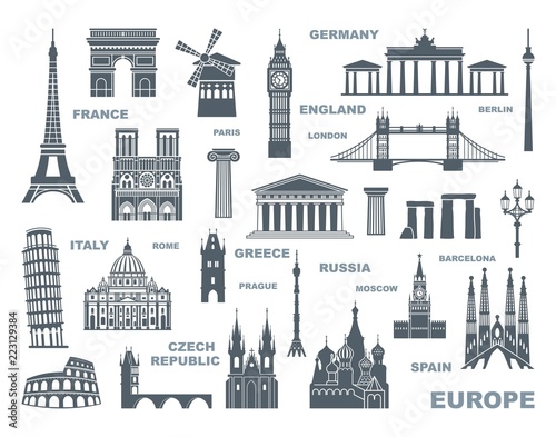 Collection of Europe detailed silhouettes. Set Travel Landmarks. vector illustration