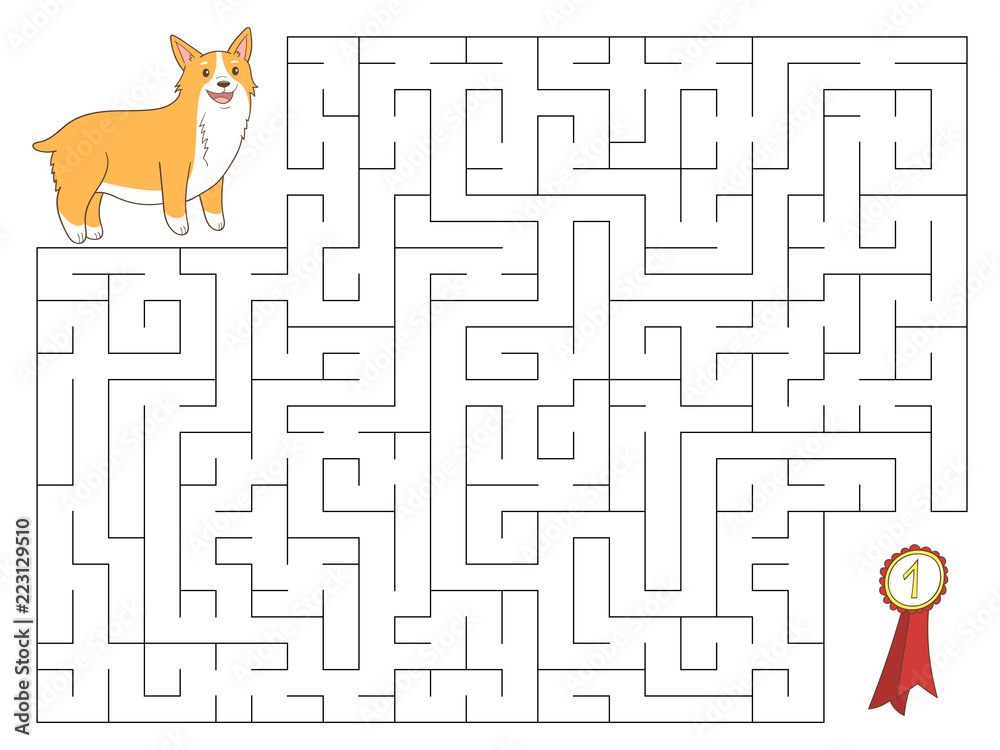 Educational maze game for kids. Help the dog find the right way to reward.  Cute cartoon Welsh Corgi puppy. Vector illustration Stock Vector