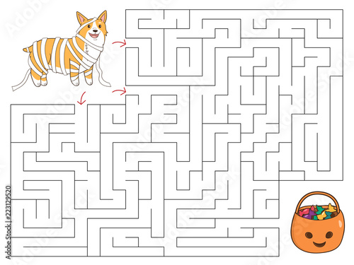 Halloween educational maze game. Help the Corgi dog find the candies. Cute cartoon puppy dressed up as a mummy. Vector illustration.