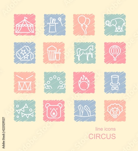 Circus icons set in linear style on spots drawn with crayons.